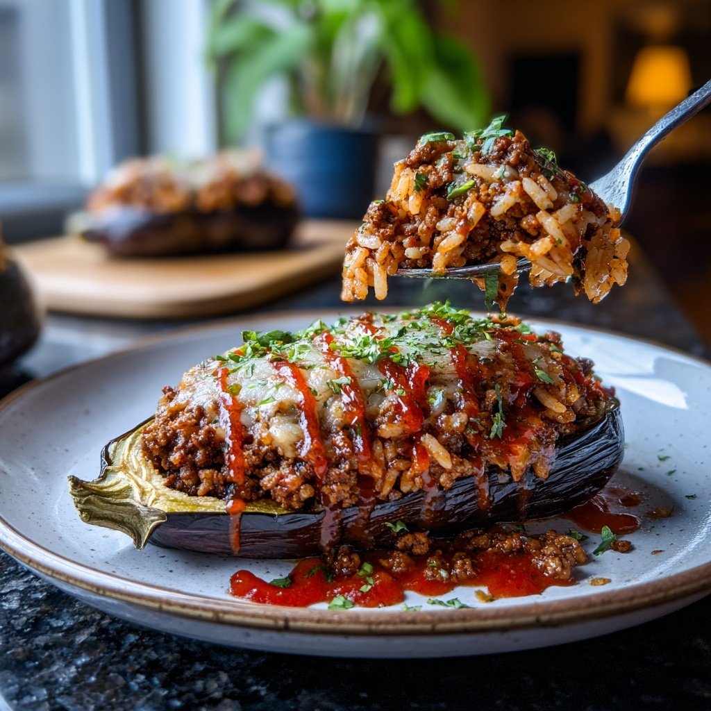 Ground Beef And Rice Stuffed Eggplant
